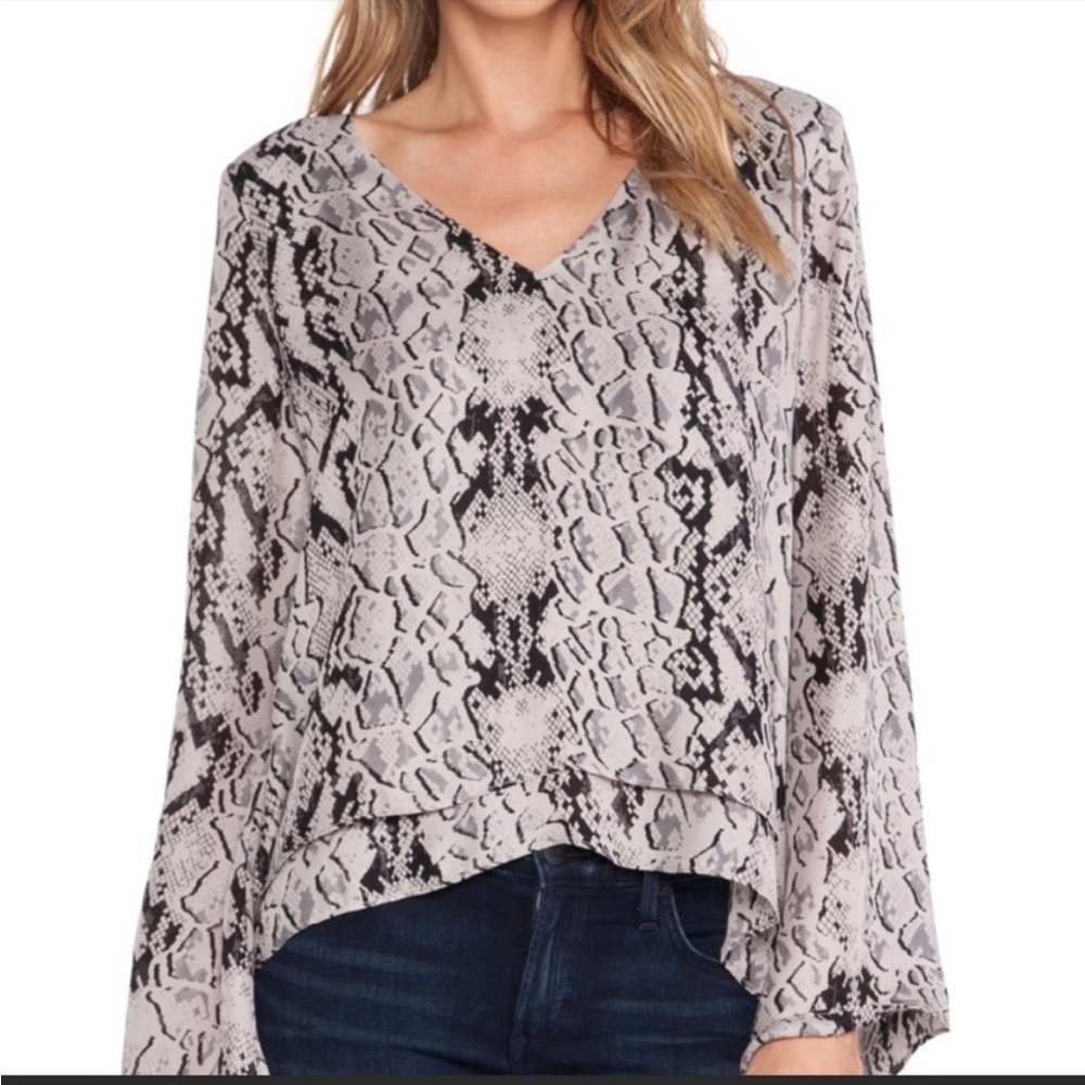 Parker Rita 100% Silk Top Snakeskin Print Tiered Flowy Blouse XS Bell Sleeve